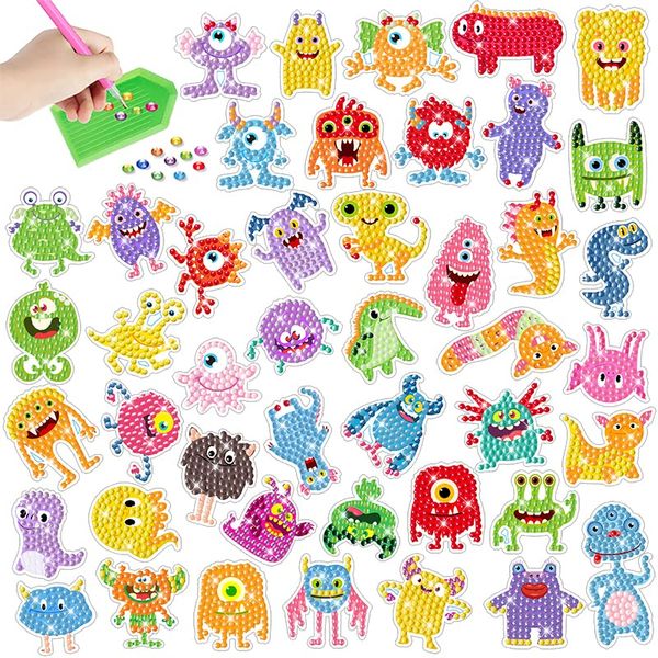 5D DIY Diamond Sticker Painting Kit for Kids Animal Sticker Painting Diamond Number Kit Art Craft Set for Kids Boys Girls (Monster Series)