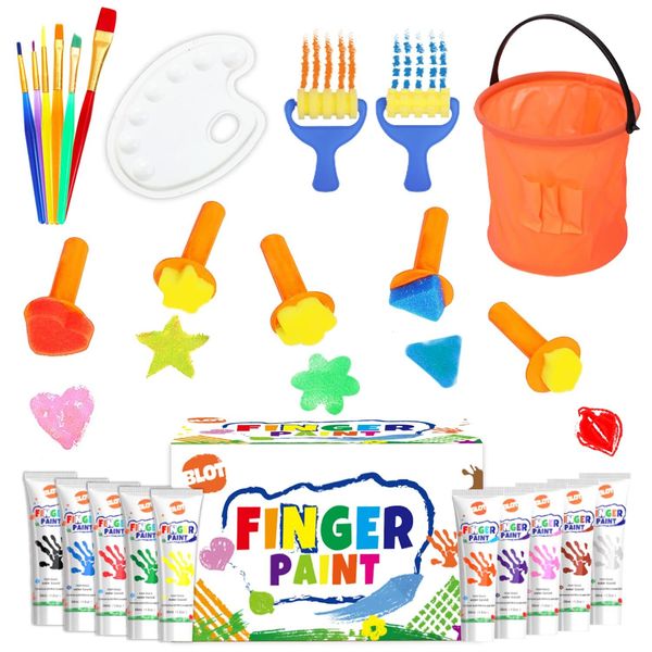 Early Learning Kids Paint Kit Washable Finger Paints with Assorted Painting Brushes Stamps Sponges Palette for Toddlers Children Crafts Drawing Gift Age 3+