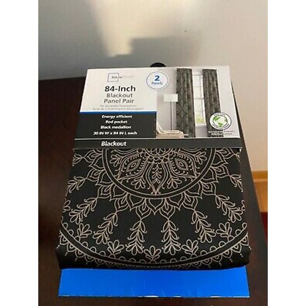 BRAND NEW MAINSTAYS BLACKOUT MEDALLION BLACK ROD POCKET CURTAIN PANEL PAIR 30X84