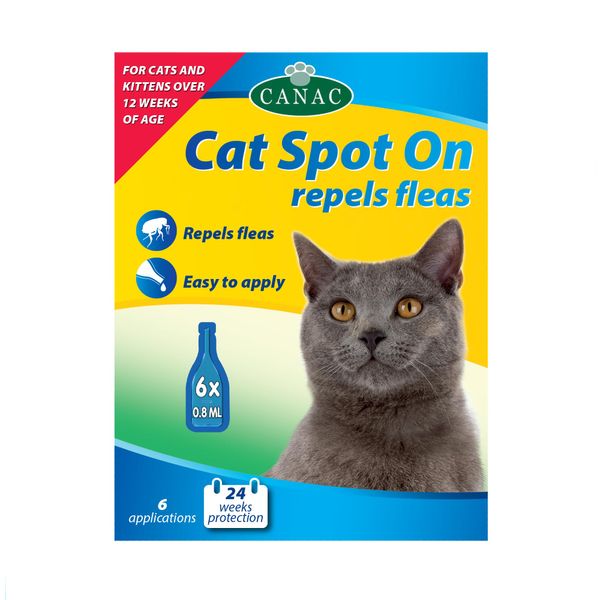 CANAC Cat Spot-On Repels Fleas 6 Pipettes, Repels Fleas for up to 4 weeks, Contains Margosa Extract, Pesticide-Free, Easy to apply, Up to 24 weeks’ protection per pack, For cats over 12 weeks of age