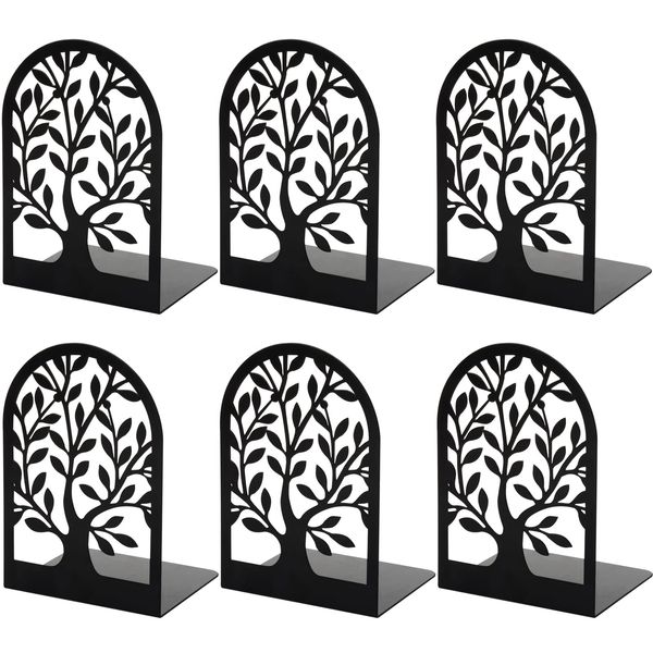 Book Ends, Bookends for Shelves, Tree Book End to Hold Books, Metal Bookend Stopper, Non-Skid Book Holder, Black Book Supports for Office Home Kitchen, Modern Decorative Bookends(3 Pair/6 Pcs)