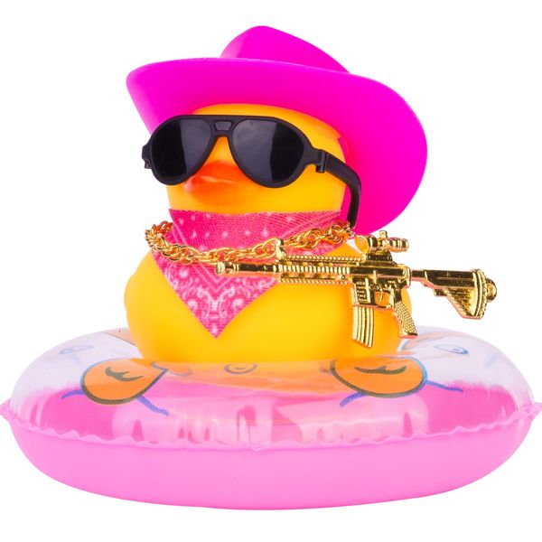 MuMyer Cowboy Duck Car Dashboard Decoration Swim Ring Car Rubber Duck Decoration Accessories with Mini Swim Ring Cowboy Hat Scarf Necklace and Sunglasses(Black Sunglasses-Pink Hat)