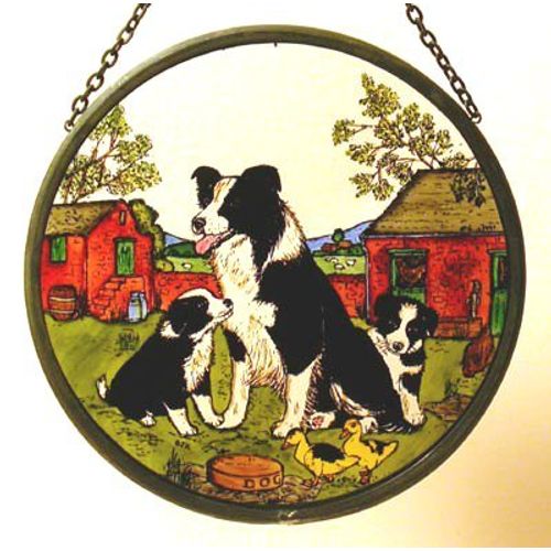 Decorative Hand Painted Stained Glass Window Sun Catcher/Roundel in a Collie and Pups Design.