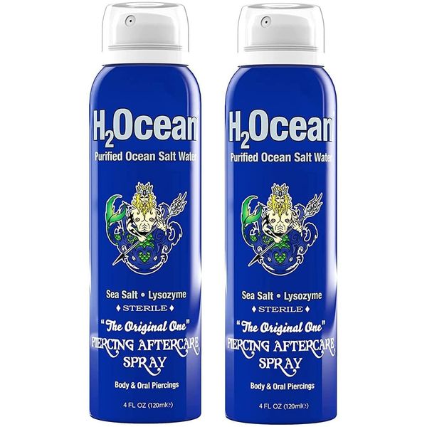 H2Ocean Piercing Aftercare Spray 4oz Set of 2 Sea Salt Saline Keloid & Bump Treatment, Wound Care Spray Organic Wound Wash For Ear, Nose, Naval, Oral Body Piercings