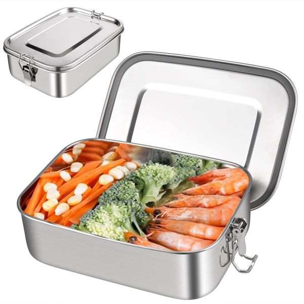 HONZUEN Lunch Box,Stainless Steel 1400ML Bento Box with 2 Compartments,Reusable Bento Lunch Box Food Sandwich Salad Box Storage Container Leakproof Lunch Boxes for Adults Kids Office and School