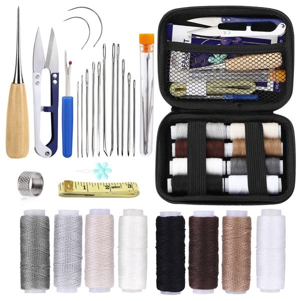 29 Pcs Leather Sewing Thread Kit, Leather Upholstery Repair Kit, Leather Working Tools with Sewing Needles, Curved Needles, Sewing Awl, Seam Ripper, Sewing Kit for Beginners Professionals DIY