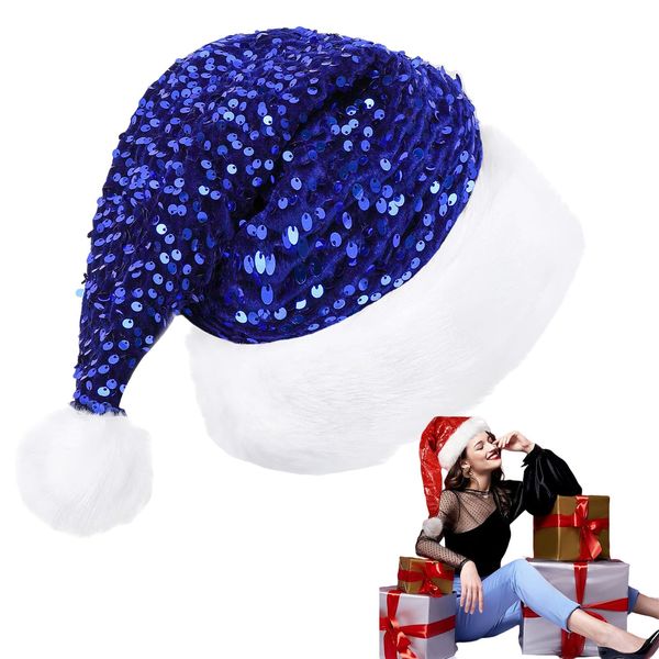 Darkblue Sequin Santa Hat Christmas Hats 35*45CM, Classic Xmas Hat Velvet Plush Santa Claus Hat,Unisex Christmas Costume,Xmas Cap Christmas Party Hats for Adults,Xmas Holiday New Year Party Gifts