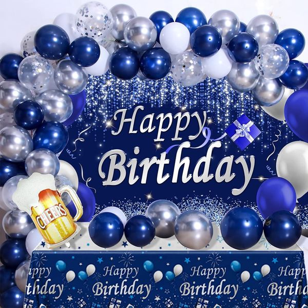 Navy Blue Birthday Decorations, Happy Birthday Decorations for Men Women- Blue Photography Backdrop & Tablecloth Balloons Arch Kit Banner Birthday Party Supplies Bday Decor with Table Cover