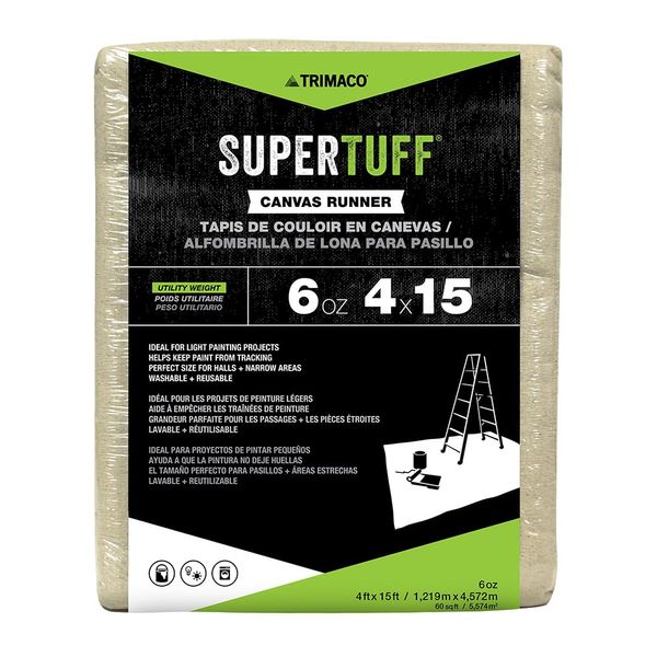 Trimaco 56708 SuperTuff 6 oz thick Utility Weight Canvas Drop Cloth, 4-feet x 15-feet,Beige