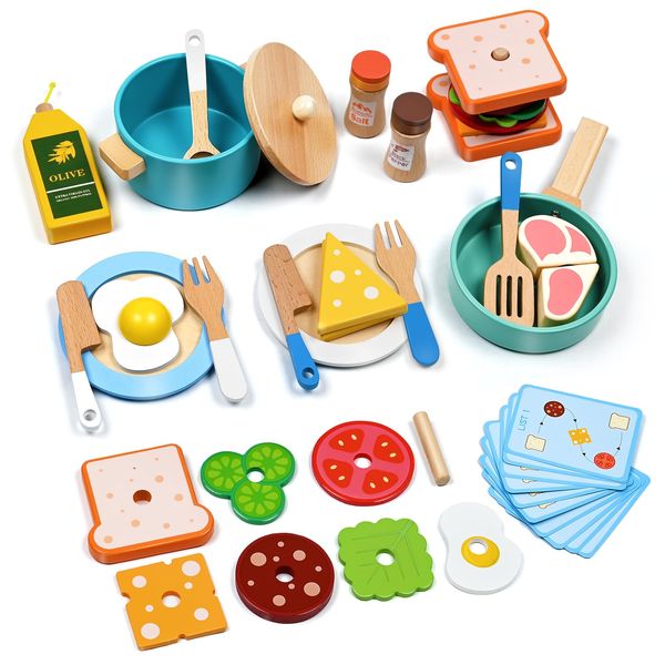 35 PCS Wooden Play Kitchen Accessories, Pretend Play Kitchen Toys for Kids Toddlers, Wooden Play Cooking Set Play Food Cookware Pots Pan Dishes, Gifts for Girls Boy 3 4 5 6 Years Old