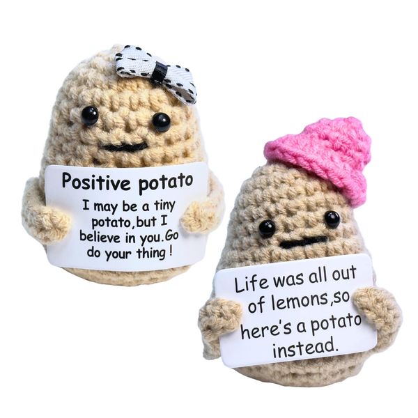 Jpaklpe Positive Potato, Mini Funny Knitted Wool Emotional Support Pickle Potato with Positive Card, Cute Room Office Desk Decor as Good Luck Funning Gifts for Women Crochet Positive Potato Animals