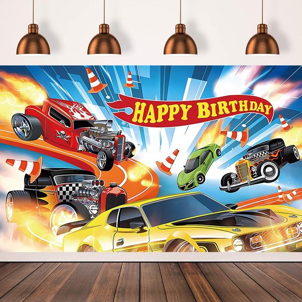 Hot Cars Birthday Banner Backdrop for Wheels Birthday PartyBackdrop,race car birthday party supplies，race car birthday party supplies,Birthday Party Background banner (7x5ft)