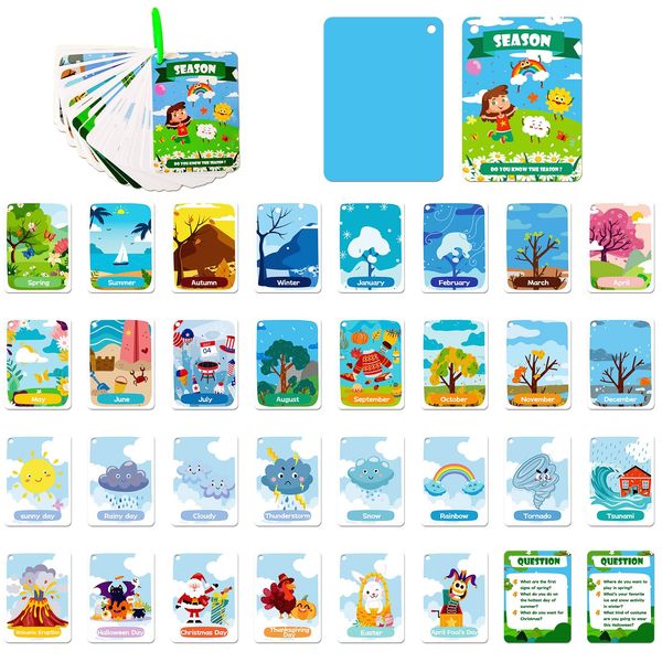 34PCS Season Cognitive Flash Cards for Kids,Cognition Season Flashcards,Waterproof Flashcards for Children, Month Learning Flash Card for 3+ Years