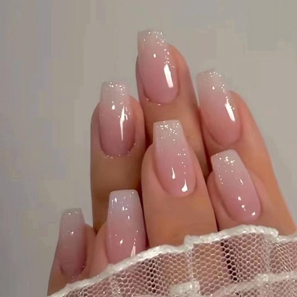 24 Stück Nägel zum Aufkleben Kurze Eckig French Press on Nails Rosa Ballerina Künstliche Fingernägel zum Aufkleben Acryl Full Cover Künstliche Nägel für Frauen Mädchen Nail Art Maniküre