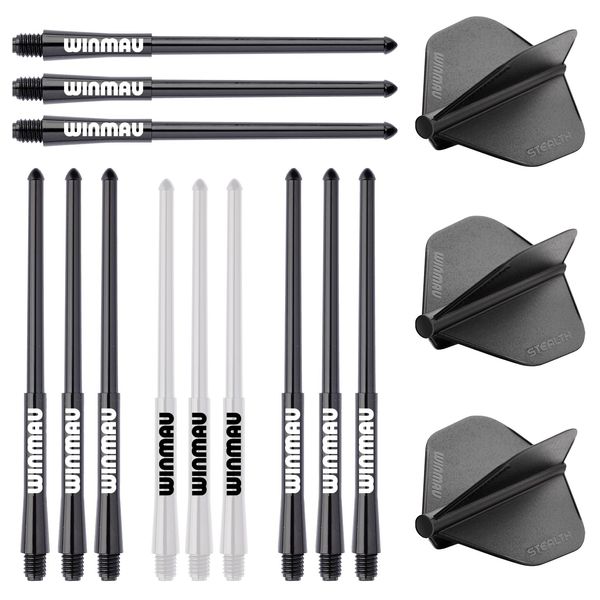 WINMAU Stealth Dart Flights and Stems (Shafts) Multipack in Black - Includes varying lengths of stems