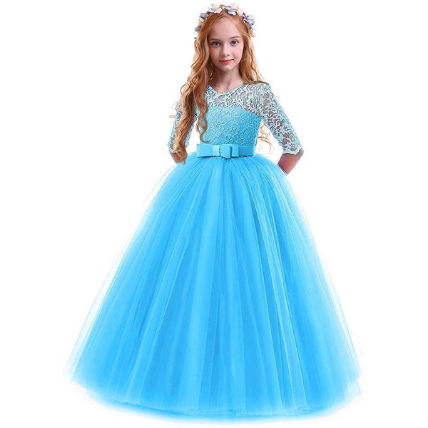 Toddler Girl's Embroidery Tulle Lace Maxi Flower Girl Wedding Bridesmaid Dress 3/4 Sleeve Long A Line Pageant Formal Prom Dance Evening Gowns Casual Holiday Party Dress Blue 3-4