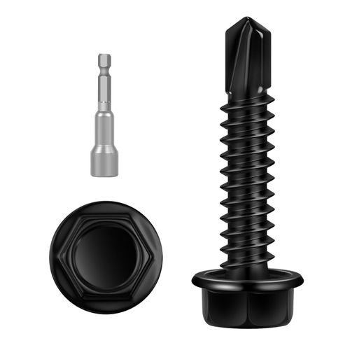 60 PCS #14 x 1-1/4" Sheet Metal Screws, Black Hex Washer Head Self Drilling Screw, Flanged Hex Self Tapping Screws, 410 Stainless Steel, Hex Bit Socket Included