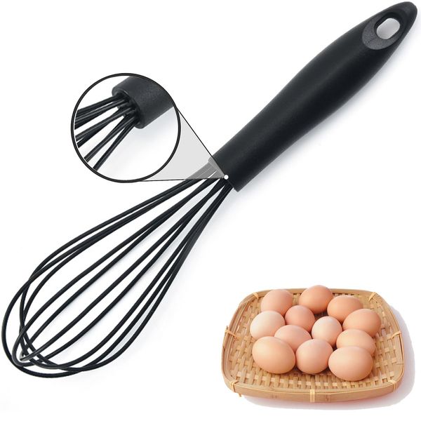 Silicone Whisk, Heat Resistant Kitchen Whisks for Non-Stick Cookware, for Blending, Whisking, Beating, Frothing & Stirring, Can be Suspended, Saving Space (Black-1)