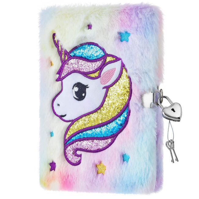 Plush Unicorn Diary - Girls Diary with Lock Notebook Journal for Kids Birthday Christmas Valentine Gift Embroidery Fluzzy Travel School A5 Secret Diary Writing Drawing Notepad with Locks and Keys