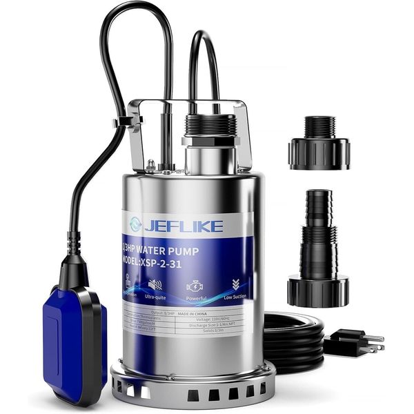 1/3HP Stainless Steel Sump Pump, 1950GPH Submersible Pump, Portable Water Pump