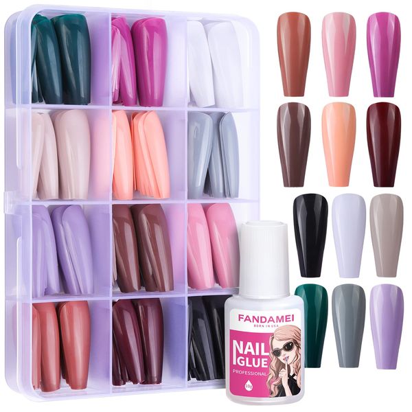 Press On Nails Long Coffin, FANDAMEI 12 Color 240PCS Full Cover Long Ballerina Fake Nails, Acrylic False Nail Tips with 10g Nail Glue, 12 Solid Color Glossy False Nail for Women Girls Nail Art DIY