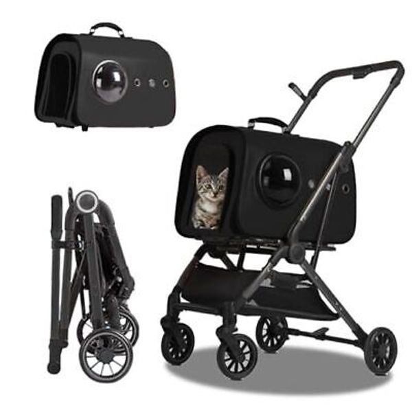 3-in-1 Faux Leather Pet Stroller, Foldable Cat/Dog 4 Wheel Stroller, Black