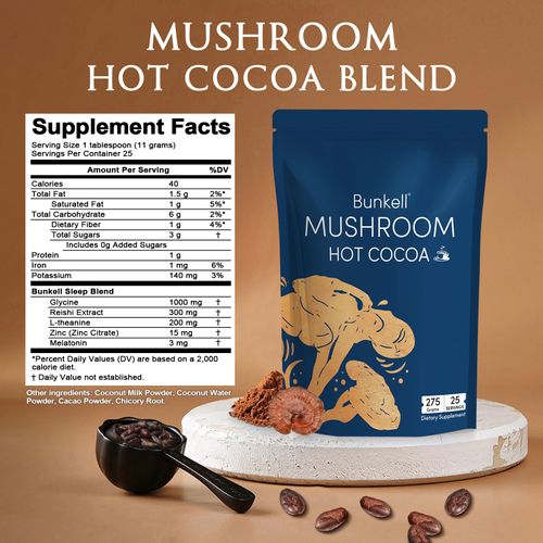 Bunkell Mushroom Hot Cocoa, Adaptogenic Mushroom with Reishi, L-Theanine, Chicory, Melatonin & Glycine, Melatonin, Sleep Hot Cocoa Supplement for Sleep and Stress Support, 25 Servings 1 Pack