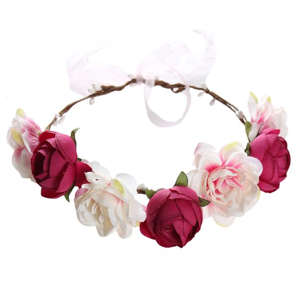 Flower Crown Headband Rose Wreath Garland Hair Bands Floral Wedding Bridal Hair Hoop Women Ladies Leaf Ribbon Party Decoration Headdress Headwear Christmas Handmade Headpiece Hair Accessories Rose