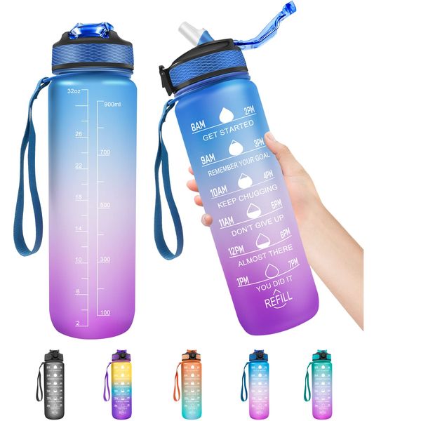 1 Litre Water Bottle with Straw, Time Markings Motivational Sport Water Bottle, Bpa Free Tritan Drinks Bottle for Girls, Boy, Fitness, Outdoor, Cycling, Gym, School & Office (Blue Purple)