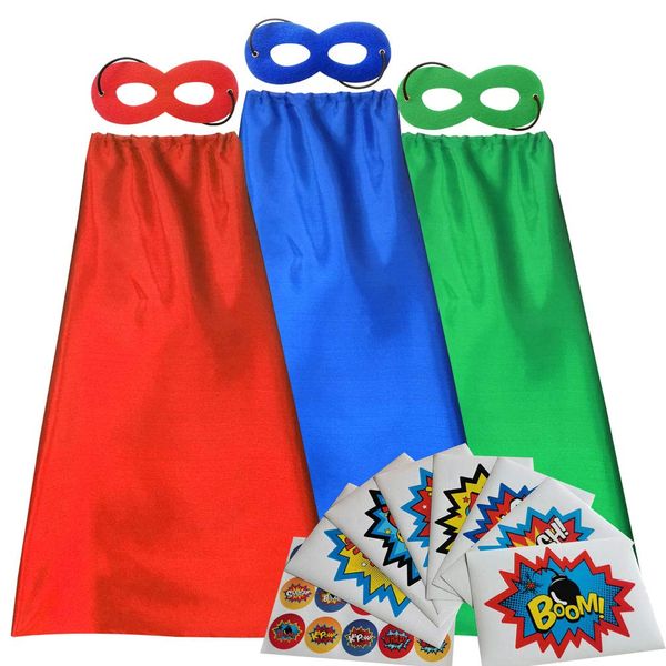 ADJOY 3 Pack Superhero Capes and Masks for Kids - Christmas Superhero Party Dress Up Costume - Red Green Blue