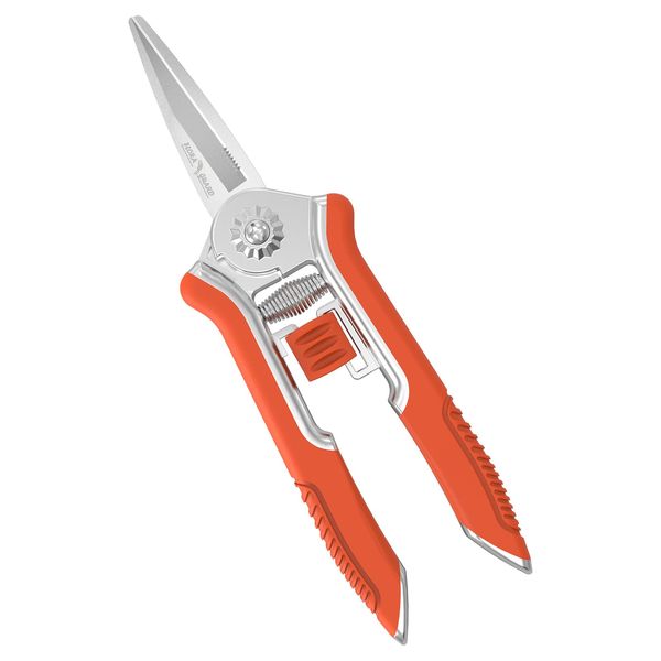 FLORA GUARD Micro-Tip Pruning Snip, 6.5 Inch Secateurs with Soft-Touch Handle, Pruning Shears, Stainless Steel (Orange)