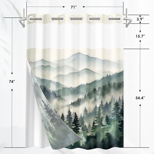 Nesphy No Hook Mountain Forest Shower Curtain with Snap in Fabric Liner Set, Green Pine Tree Landscape Double Layers Waterproof Fabric with See Through Top Window Open Grommet Bath Curtain 71x74 Inch