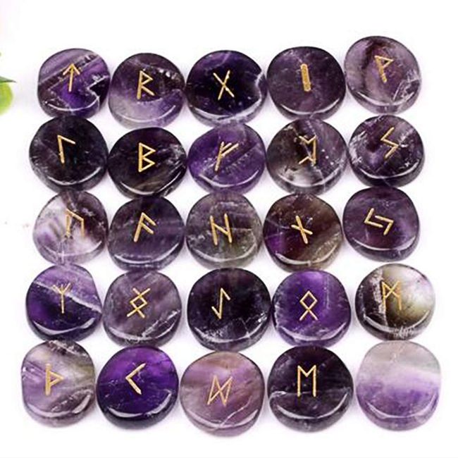 YISHUI W3470 Natural Sculpture Chakra Amethyst Rune Stone Set Gemstone Craft Purple