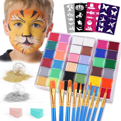 VESPRO Face Painting Kit For Kids Party,32 Colors Professional Oil Face&Body Paint Kit with 10 Brushes 4 Reusable Face Stencils,2 Glitters and 2 Sponges for Kids and Adults Halloween Makeup