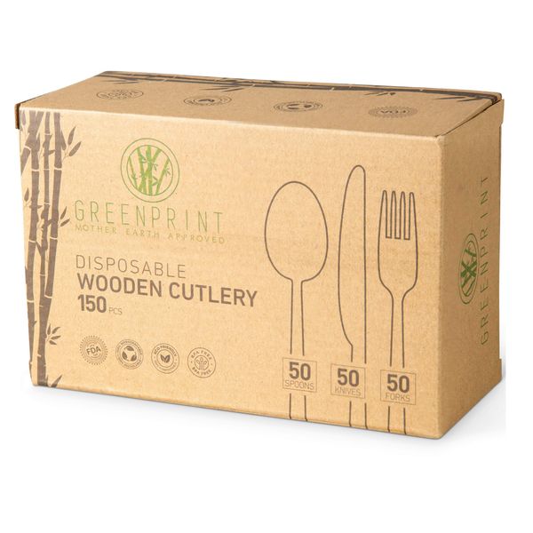 GREENPRINT Disposable Wooden Cutlery Sets - 150 Piece Total: 50 Forks, 50 Spoons, 50 Knives, 6 Inch Length Ecological Biodegradable Compostable Wooden Utensils Wooden Cutlery