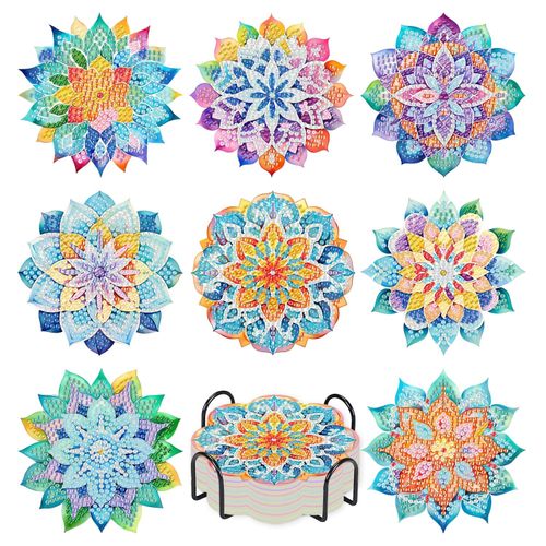 8 PCS Succulent Diamond Art Coasters with Holder, DIY Flowers Diamond Painting Coasters Kits for Adults, Non Slip Hardwood Bases Plants Mosaic Dot Painting Coaster Gift Set for Beginners 4x4 Inch