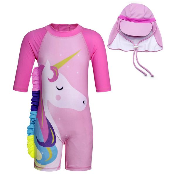 AmzBarley Girls UV Sun Protection Swimwear Kids One-Piece Unicorn Swimsuit Child Swimming Costume Summer Beach Outing Bathing Suit Clothes Age 7-8 Years Size 7/140