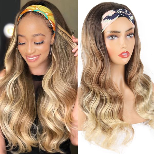 LEOSA Ombre Blonde Headband Wig Body Wave Ombre Platinum Wig Headbands for Women Blonde Wavy Wig Long Wavy Headband Wig Synthetic for black women Headband Wigs