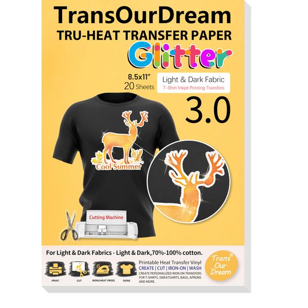 TransOurDream Glitter 3.0 Heat Transfer Paper for Inkjet Printer (20 Sheets, 8.5x11'') Printable Heat Transfer Vinyl for T Shirts Iron on Transfers for Light & Dark Fabric (TOD-GL3-20)