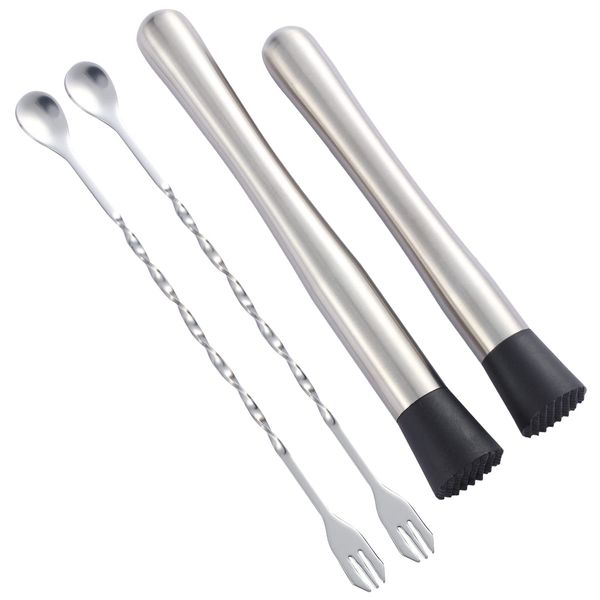 10 inch & 8 inch Stainless Steel Cocktail Muddler with 2 Mixing Spoon, Home Bar Tool Set, for Making & Creating Delicious Mojitos, & Other Fruit Based Drinks & Beverages in Various Containers