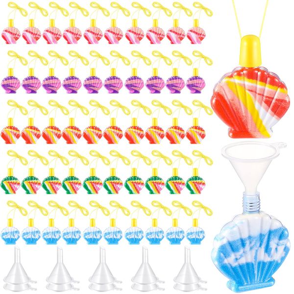 Tanlade 30 Pcs Shell Shaped Sand Art Bottle Necklace Kits Plastic Sand Art Bottles with Mini Plastic Funnels Sand Art Containers for Class Birthday Party Decoration Crafts Supplies, Sand Not Include