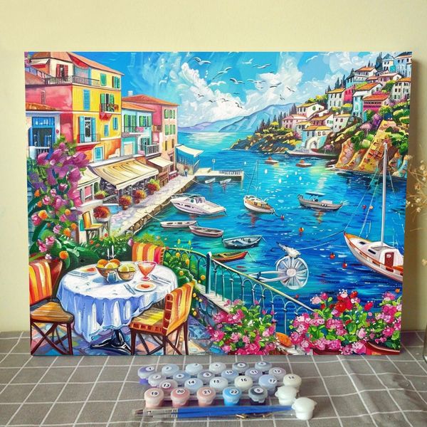 Coastal Town Landscape Paint by Number Kits Canvas Acrylic Seascape and Building DIY Oil Painting for Kids, Students, Adults Beginner with Brushes and Acrylic Boat/Ship Art 16x20 Inch (DIY Frame)