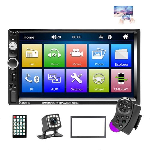 EKAT Double Din Car Stereo Receiver Bluetooth 7 Inch Touch Screen Car Radio Head Unit MP5 Video Digital Player Support Mirror Link TF FM AUX USB + Backup Camera and Remote Control