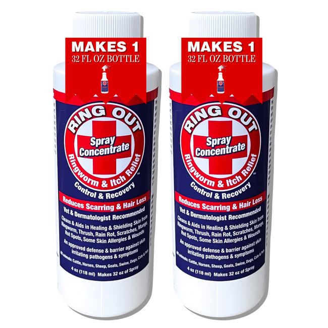 Ring Out - Spray for Skin Irritants on Animals. For Cats, Dog, Sheep, Goats, Cattle , Horses, All Pets & Livestock 4 oz. Make 32 oz (2 pack)