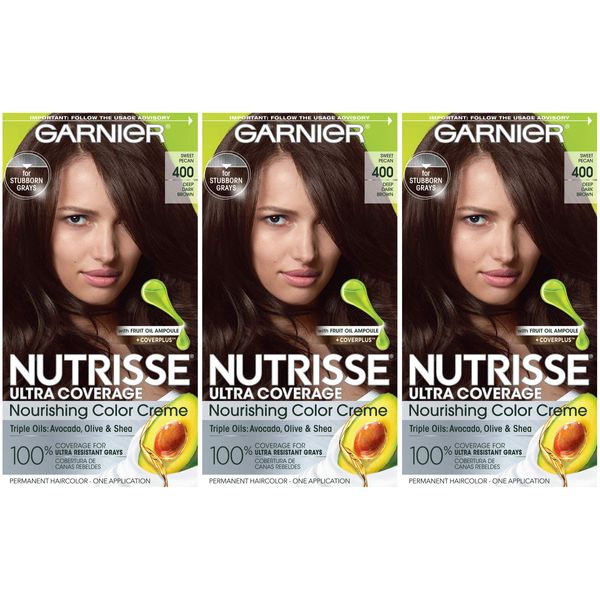 Garnier Hair Color Nutrisse Ultra Coverage Nourishing Hair Color Creme, Deep Dark Brown (Sweet Pecan) 400, 3 pack, Pack of 3