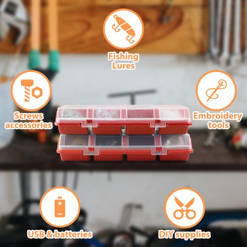 Screw Organizer Storage Bins, 4 Pack Stackable Bins with Lids, Divider Compartment Containers for Garage / Craft Tool Organizing, Tool Cart Cabinet Workbench Drawers Organization and Storage (Red)