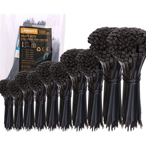 1000 Stück Schwarz Kabelbinder Set 100/150/200/250/300mm x 3,6 mm, Kabelbinder UV Beständig mit, Kabelmanagement Gartenarbeit Cable Ties (1000pcs, Schwarz)