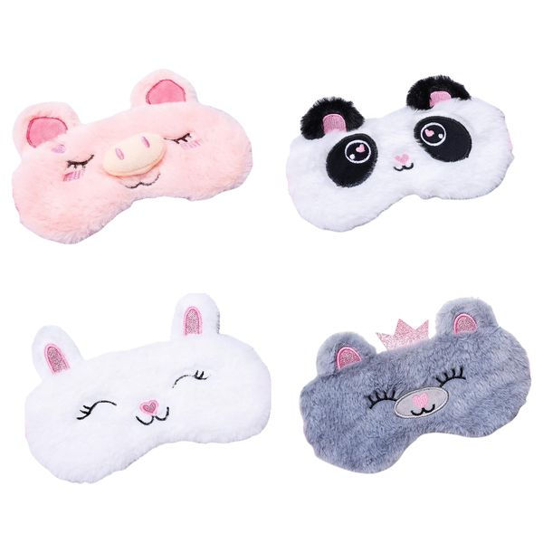 siawadeky Animal Pattern Eye Mask, Set of 4, Fluffy, Cute, Eye Cover, Lightweight, Breathable, Eye Pillow, Light Blocking, No Pressure, Sleeping Eye Mask, Washable, Elastic Strap, Popular, Gift,