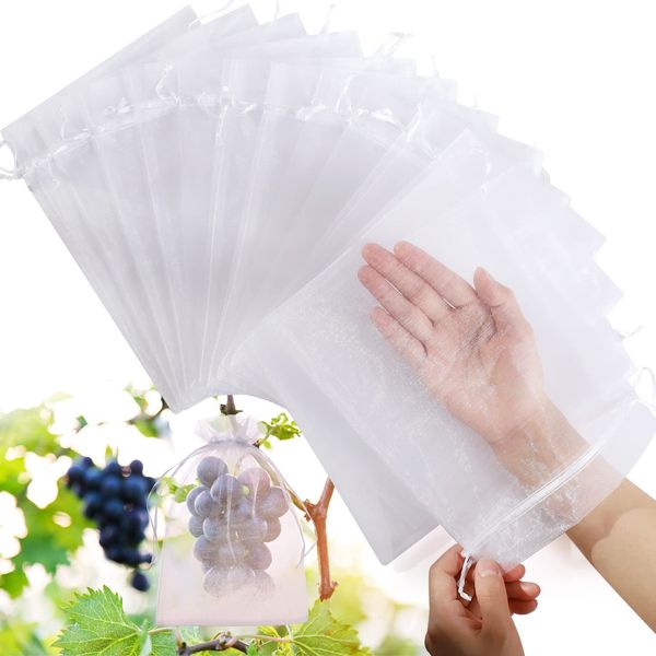 WenTao 50pcs Fruit Protection Bags 6x9 inch, White Mesh Drawstring Netting Cover Bags for Grapes, Mango, Fruit Trees, Vegetables - Pest Barrier and Fruit Protectors for Garden and Plant Fruit Flower