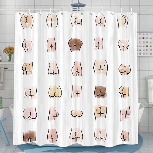 JAWO Funny Shower Curtain for Bathroom, Fun Butt Hilarious Fabric Shower Curtains Set, White Restroom Decor Accessories, Hooks Included (60X72)